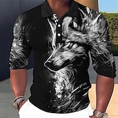 economico Polo con stampa animalier da uomo-Per uomo Lupo Polo Maglia da golf Manica Lunga Magliette polo Camicie con Colletto Casual Divertente Abbigliamento da vacanza Abiti da festa Bottoni Stampa 3D Autunno &amp; Inverno Rosso Blu Verde