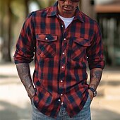 preiswerte Hemdjacke für Herren-Herren Hemd Flanellhemd Kariertes Hemd Knopfhemd Overshirt Karo Outdoor Alltagskleidung Weiß Wein Rote Marineblau Langarm Revers Frühling &amp; Herbst Bekleidung Fronttasche