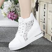 economico Sneakers da donna-sneakers da donna con zeppa traspiranti e pannello in pizzo – comode scarpe alte con lacci per uscite casual e abbigliamento estivo