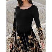 billiga Boho-klänning-Kvinno Midi Klänning A-linje Klänning Avslappnad Klänning Vinter Klänning Sväng Klänning Mode Streetwear Mogen Formal Utomhus Semester Regular Fit Blommig Lång Ärmar Crew Hals Svart Vår Höst Vinter
