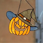 cheap Halloween Hanging &amp; Tabletop Decorations-Stained Glass Pumpkin in a hat Fall Orange Halloween Suncatcher Picture Home Decor Window Wall Hangings Cling Nature Ornament Gift House
