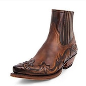 abordables Bottines-bottes de cowboy western en cuir pour hommes avec un design en relief complexe, un bout carré classique et un talon bottier - parfaites pour les rodéos, les concerts country et les sorties décontractées