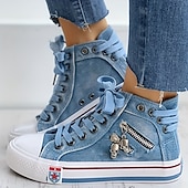 preiswerte Damen-Sneaker-Damen-High-Top-Sneaker aus blauem Denim mit Totenkopf-Anhängern und Reißverschluss-Detail – lässiger Retro-Stil für jeden Tag