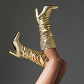 baratos Botas Slouch-botas femininas de cano alto, prateadas e metálicas – botas de salto bloco com estampa de cobra brilhante para moda de festa, clube e festival
