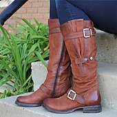 cheap Biker Boots-Women&#039;s Purple Faux Leather Knee-High Boots with Buckle Straps and Side Zipper, Vintage Style Motorcycle Boots for Outdoor and Casual Wear