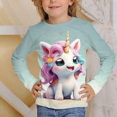 billiga Flickans 3D-tecknad film-Flickor 3D Grafisk Tecknat Enhörnings T-shirt Långärmad 3D-tryck Sommar Höst Aktiv Mode söt stil Barn 3-12 år Utomhus Ledigt Dagligen Normal
