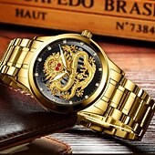 tanie Zegarki kwarcowe-Zegarek męski Zegarki luksusowy złoty zegarek kwarcowy 3D wodoodporny zegarek automatyczny z samonakręcaniem Prezent dla mężczyzn Relojes