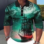 お買い得  メンズ ヴィンテージ ポロシャツ-男性用 航海 ポロシャツ ゴルフシャツ 長袖 ポロシャツ 襟付きシャツ ヴィンテージ カジュアル バケーションウェア ボートウェア パーティー衣装 ボタン 3Dプリント ブルー・グリーン ルビーレッド ブルー