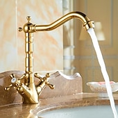 abordables Classiques-mitigeur de lavabo de salle de bain robinets de lavabo courts et hauts, robinet à double poignée en laiton vintage avec tuyau froid et chaud