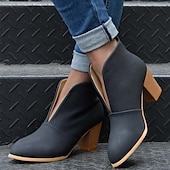 cheap Ankle Boots-Women&#039;s Black Ankle Boots – Trendy V-Cut Slip-On Booties with Chunky Block Heels for Casual &amp; Fall Outfits