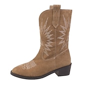 cheap Cowboy &amp; Western Boots-Women&#039;s Vintage Suede Cowboy Boots - Comfortable Western Style Mid-Calf Boots for Outdoor and Casual Wear