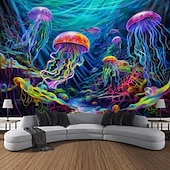 رخيصةأون Tapestries Blacklight-لوحة فنية جدارية معلقة من نسيج أسود متوهج في الظلام، متفاعل مع الأشعة فوق البنفسجية، قنديل البحر النيون تحت الماء، مخدر، ضبابي، لغرفة المعيشة وغرفة النوم