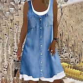 cheap Plain Dress-Women&#039;s Midi Dress Shift Dress Gray Sleeveless Floral Fake two piece Summer Spring Crew Neck Modern 2023 5XL
