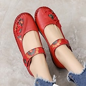 olcso Női lapos sarkú cipők-női piros bőr mezítlábas mary jane flats – hímzett virágos alkalmi kényelmes cipő tépőzáras pántokkal