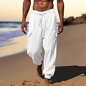 baratos Feriado-Homens Calças Cargo Corredor Calças de linho Calças Calça verão Com Cordão Cintura elástica Bolso multi Tecido Conforto Respirável Casual Diário Feriado Moda Estilo Clássico Preto Branco