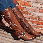 cheap Biker Boots-Women&#039;s Purple Faux Leather Knee-High Boots with Buckle Straps and Side Zipper, Vintage Style Motorcycle Boots for Outdoor and Casual Wear