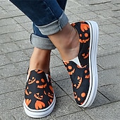 levne Dámské nazouváky a mokasíny-dámské halloween dýňové slip-on boty - pohodlné plátěné tenisky s potiskem jack-o&#039;-lantern, ideální pro běžné nošení a halloween party