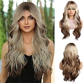 abordables Perruques Synthétiques Sans Bonnet-longue perruque rose pâle ondulée pour les femmes frange perruque cheveux synthétiques bouclés aspect naturel fibre résistante à la chaleur pour la fête quotidienne cosplay porter
