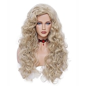 levne Syntetické trendy paruky-dlouhé vlnité paruky 28palcová přírodní béžová smíšená blond syntetická pernatá kudrnatá paruka pro ženy halloween cosplay party paruky