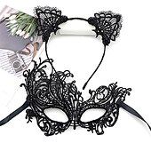 economico Maschera di Halloween &amp; Accessori-maschera mascherata in pizzo per donna, maschera mascherata nera per donna maschera per gatti fascia per orecchie di gatto con girocollo a cuore