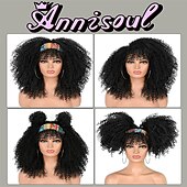 economico Parrucche di altissima qualità-Parrucche ricci da 16 pollici per donne nere parrucca riccia afro bomba nera con frangia capelli ricci crespi lunghi senza colla in fibra sintetica
