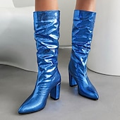 baratos Botas Slouch-botas femininas de cano alto, prateadas e metálicas – botas de salto bloco com estampa de cobra brilhante para moda de festa, clube e festival
