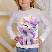 billiga Flickans 3D-tecknad film-Flickor 3D Grafisk Tecknat Enhörnings T-shirt Långärmad 3D-tryck Sommar Höst Aktiv Mode söt stil Barn 3-12 år Utomhus Ledigt Dagligen Normal