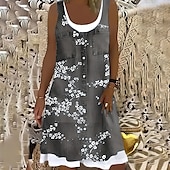 cheap Plain Dress-Women&#039;s Midi Dress Shift Dress Gray Sleeveless Floral Fake two piece Summer Spring Crew Neck Modern 2023 5XL