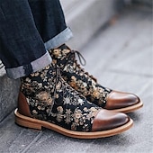cheap Jacquard shoes-Men&#039;s Floral Jacquard and Brown Faux Leather Lace-Up Boots - Vintage Oxford Ankle Boots with Retro Style for Casual and Formal Wear