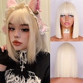 cheap Synthetic Trendy Wigs-Short Bob White Wig with Bangs Silver White Short Wigs for Women Straight Bob White Cospaly Hair Wig for Daily Party Halloween