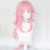 economico Parrucche da gioco-parrucca rosa per cosplay guuji yae miko capelli con frangia a coda di cavallo parrucca lunga riccia e soffice per festa di carnevale