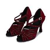 cheap Latin Shoes-Women&#039;s Latin Dance Shoes Professional Sparkling Shoes Party Stylish Sparkling Glitter Flared Heel Open Toe Buckle Adults&#039; Drak Red