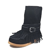 olcso Slouch Boots-női rojtos velúr mokaszin csizma csatos részletekkel - lezser és kényelmes western stílusú bokacsizma