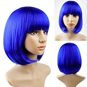 cheap Carnival Wigs-Blue Bob Wig With Bangs 12 Inch Royal Blue Wig Short Synthetic Fiber Bob Wigs for Women Short Bob Wigs and Halloween Cosplay Bob Wig