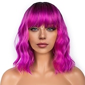 levne Syntetické trendy paruky-krátké bobové paruky s ofinou pro ženy volná vlnitá paruka kudrnatá vlnitá délka po ramena bob syntetická cosplay paruka pro dívky barevné kostýmní paruky