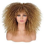 economico Parrucche di altissima qualità-Parrucche ricci da 16 pollici per donne nere parrucca riccia afro bomba nera con frangia capelli ricci crespi lunghi senza colla in fibra sintetica
