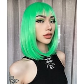 billige Syntetiske trendy parykker-rosa bob parykker med smell 12 tommer korte rett bob parykker fargerik syntetisk cosplay daglig fest parykk for kvinner