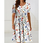 preiswerte Blumenkleid-Damen Midi Kleid Freizeitkleid Floral Kleid Weiß Kurzarm Floral Raffung Frühling Sommer Rundhalsausschnitt Basic Alltag Urlaub Wochenende