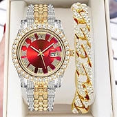 cheap Quartz Watches-Men&#039;s Quartz Watch with Chain Bracelet Set Fashion Luxury Bling Diamond Hiphop Analog Men Quartz Wristwatch Calendar Waterproof Men&#039;s Watch