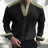 preiswerte Ethnisches Muster-Herren Geometrie Hemd Knopfhemd Langarm Modisch Strassenmode Designer Outdoor Casual Täglich Sommer Herbst V Ausschnitt Bedruckt Schwarz Blau Braun Grün