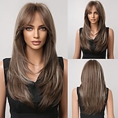 cheap Synthetic Trendy Wigs-Red Wigs for WomenLong Layered Wigs with Bangs Heat Resistant Synthetic Fibre Wigs Halloween Cosplay Party Wigs