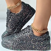 economico Sneakers da donna-sneakers da donna con plateau e glitter argento - scarpe casual con lacci scintillanti per feste e street style