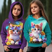billiga Flickans 3D-djur-Flickor 3D Blommig Tecknat Katt Huvtröja Långärmad 3D-tryck Höst Vinter Aktiv Mode söt stil Barn 3-12 år Utomhus Ledigt Dagligen Normal