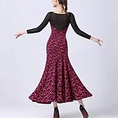 baratos Roupa de Competição-Dança de Salão Vestido Estampado Recortes Mulheres Espetáculo Festa Manga Longa Algodão Cristal Com Transparência