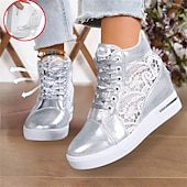 economico Sneakers da donna-sneakers da donna con zeppa traspiranti e pannello in pizzo – comode scarpe alte con lacci per uscite casual e abbigliamento estivo