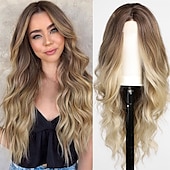 economico Parrucche trendy sintetiche-Parrucca ondulata lunga ombre bionda mista marrone evidenziata per le donneParrucca ondulata riccia parte centrale Parrucca in fibra sintetica resistente al calore dall&#039;aspetto naturale per l&#039;uso