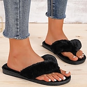olcso Női papucsok és strandpapucsok-női fuzzy flip-flop papucs – hangulatos műszőrme plüss lapos szandál a beltéri kényelemért