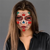 levne Halloween samolepky-Halloweenské samolepky na tetování obličeje ke Dni mrtvých, dočasné tetování lebky s cukrem na obličej pro make-up ke Dni mrtvých, vtipná strašidelná dekorace obličeje na párty.
