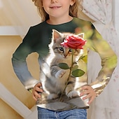 cheap Girl&#039;s 3D Animals-Girls&#039; 3D Graphic Cartoon Cat T shirt Tee Long Sleeve 3D Print Summer Fall Active Fashion Cute Kids 3-12 Years Outdoor Casual Daily Regular Fit