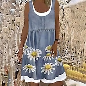 cheap Plain Dress-Women&#039;s Midi Dress Shift Dress Gray Sleeveless Floral Fake two piece Summer Spring Crew Neck Modern 2023 5XL